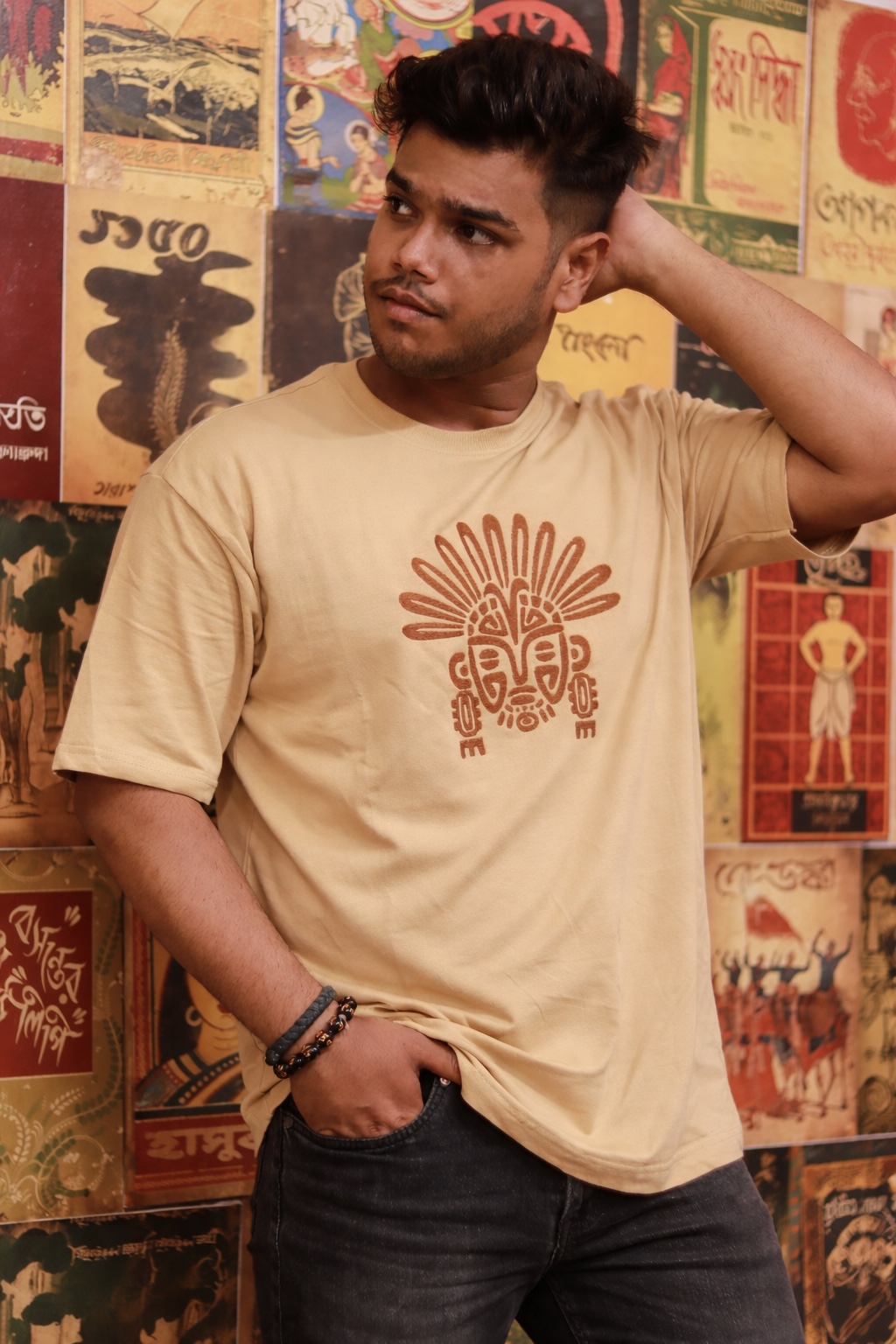 TRIBAL ART Beige Oversized T-shirt _ Embroidered 