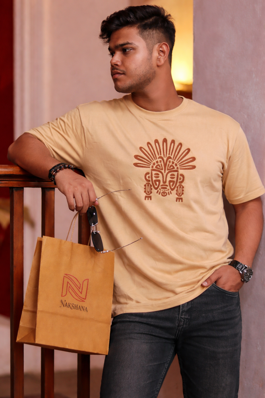 TRIBAL ART Beige Oversized T-shirt _ Embroidered
